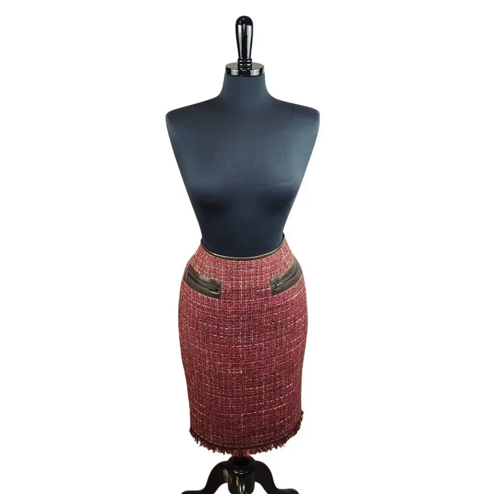 Lafayette 148 Pink Wool Tweed Pencil Skirt Leather Trim Academia Prep